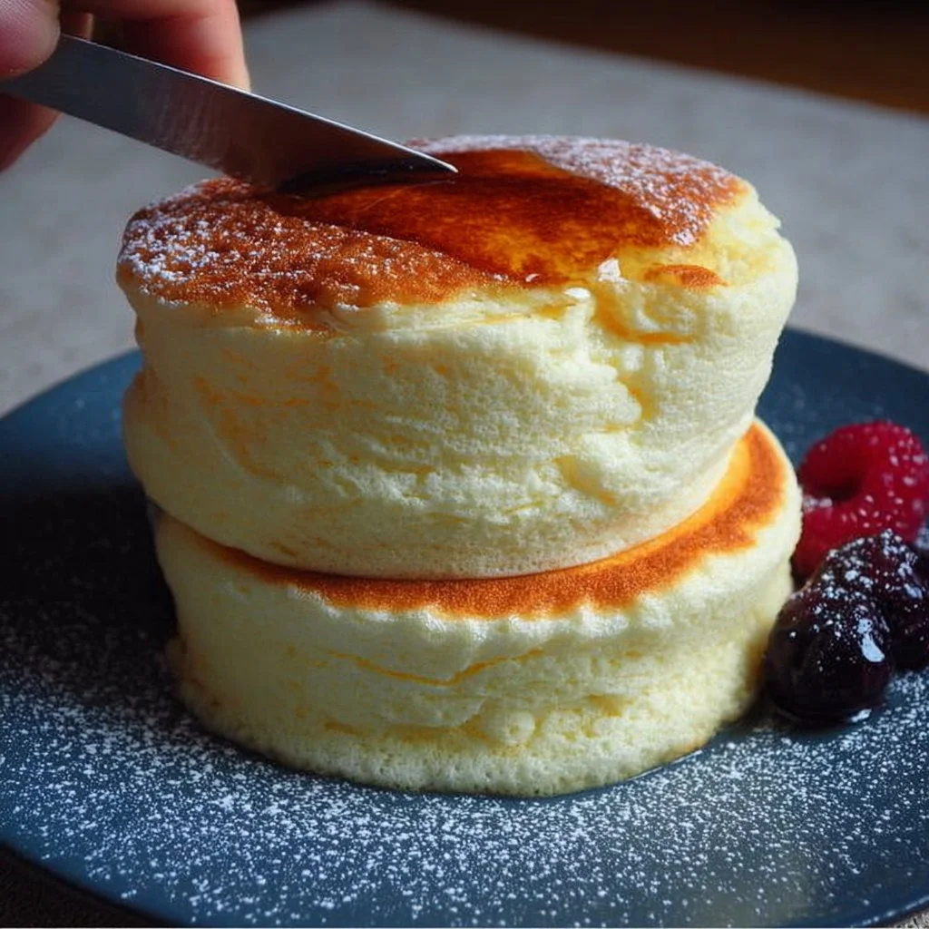 Fluffy Japanese soufflé pancakes stacked with syrup and berries
