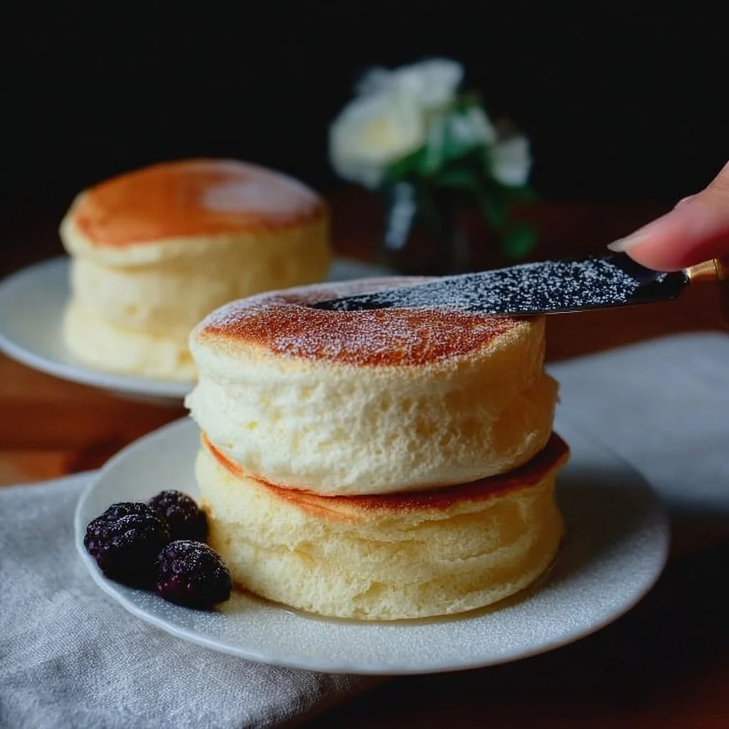 Fluffy Japanese Soufflé Pancakes topped with syrup and berries on a plate.