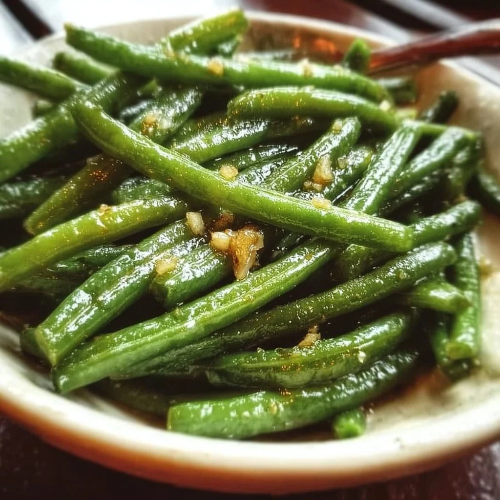 Garlic butter sautéed green beans served in a bowl