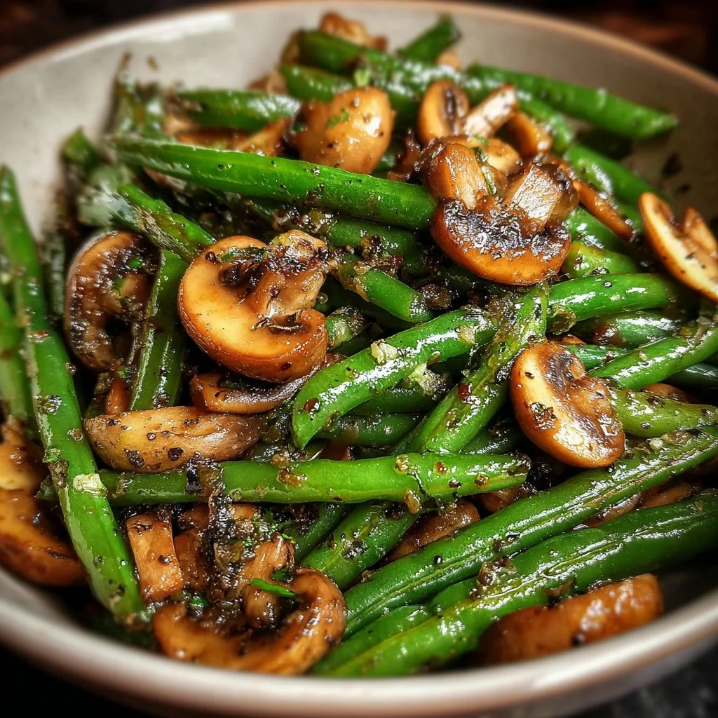 Garlic butter sautéed green beans and mushrooms served in a bowl