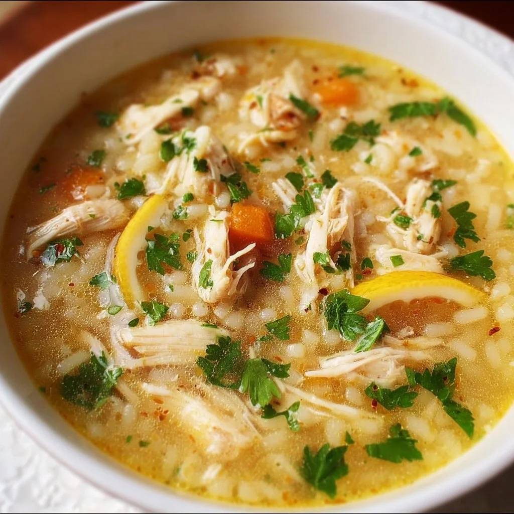 A bowl of Greek lemon chicken soup garnished with fresh herbs and lemon slices.