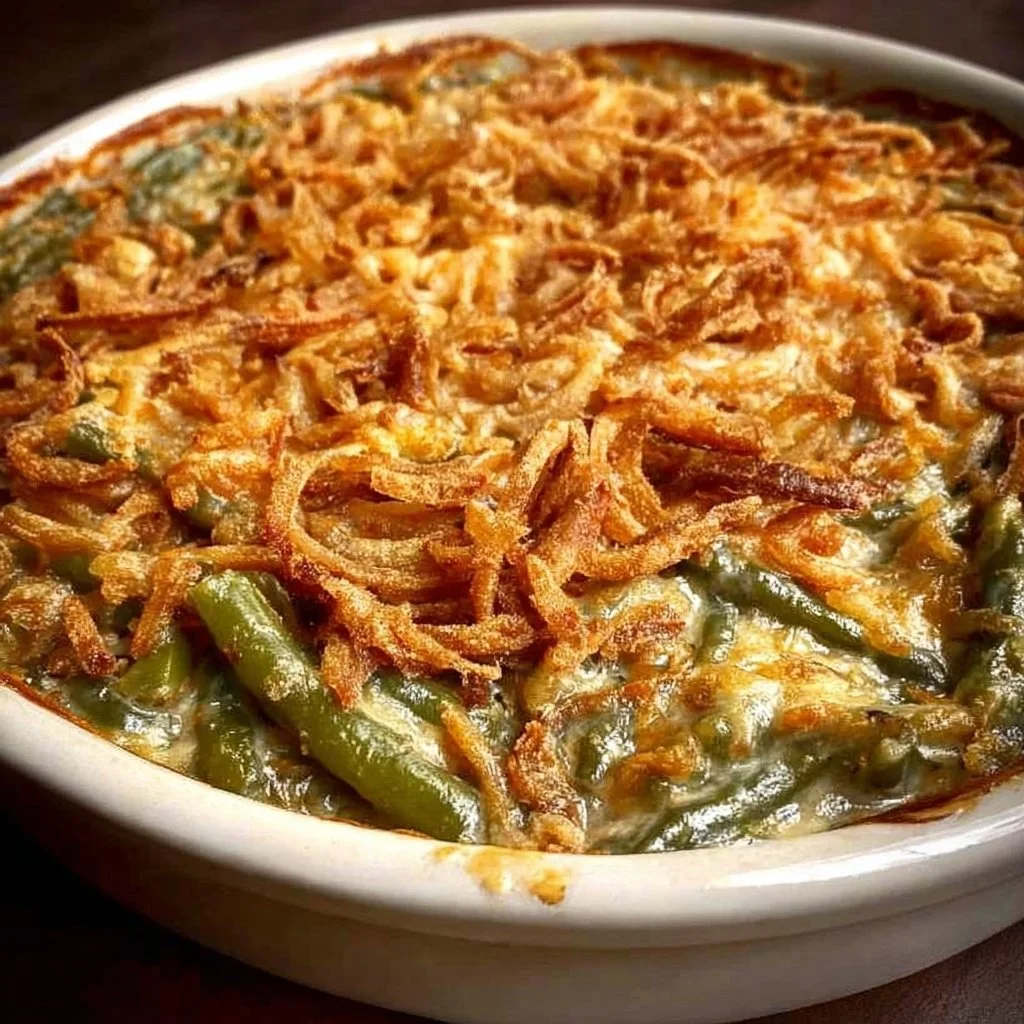 Delicious green bean casserole served in a dish, garnished and ready to enjoy.