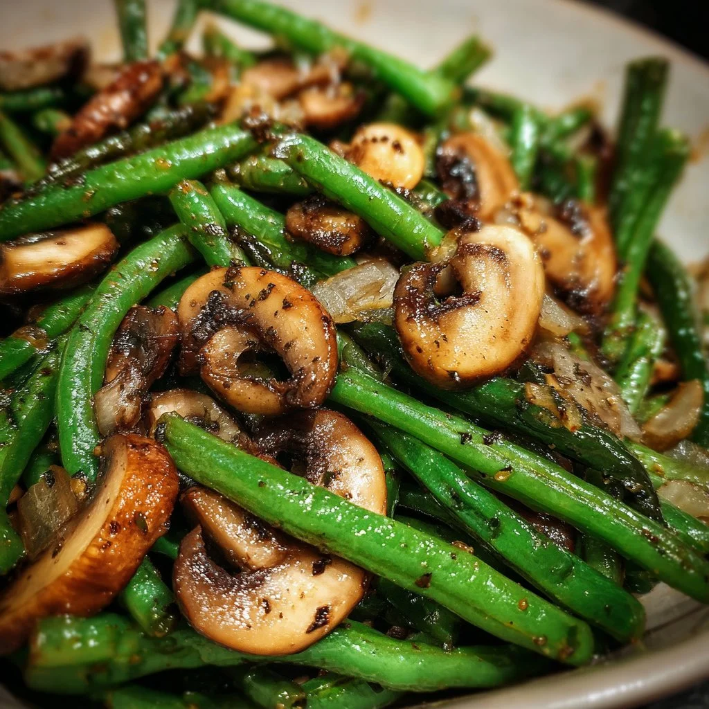 Green beans sautéed with mushrooms in a savory dish