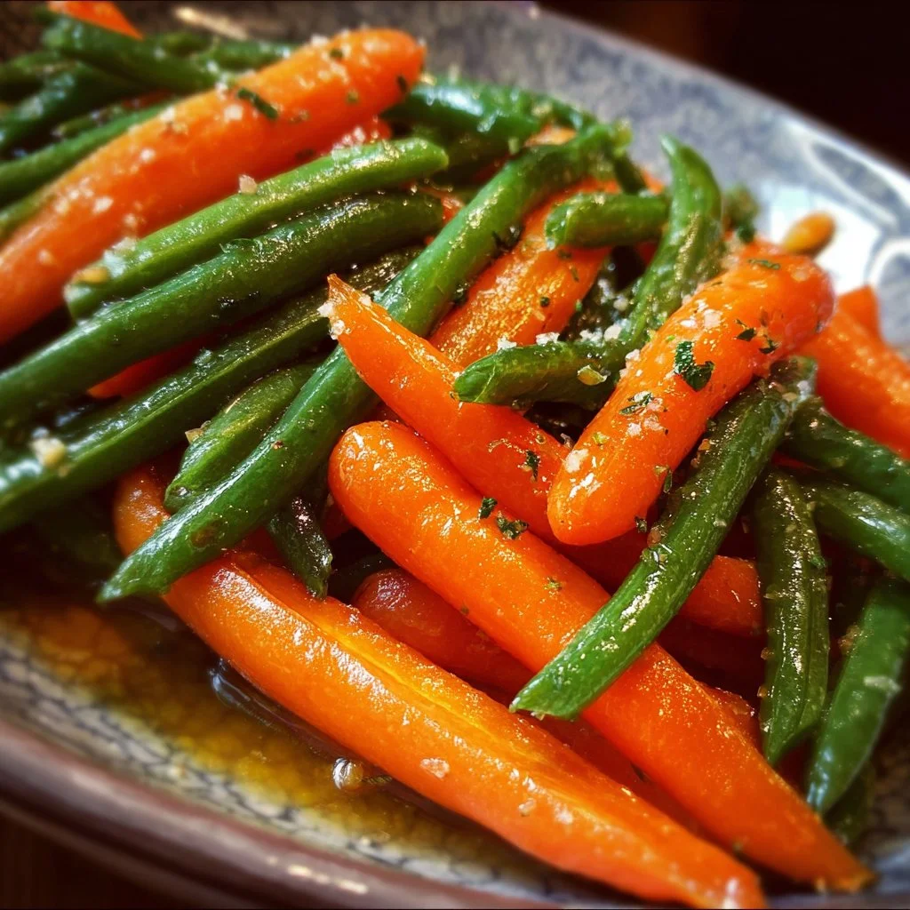 Plate of honey glazed carrots and green beans served as a vibrant side dish