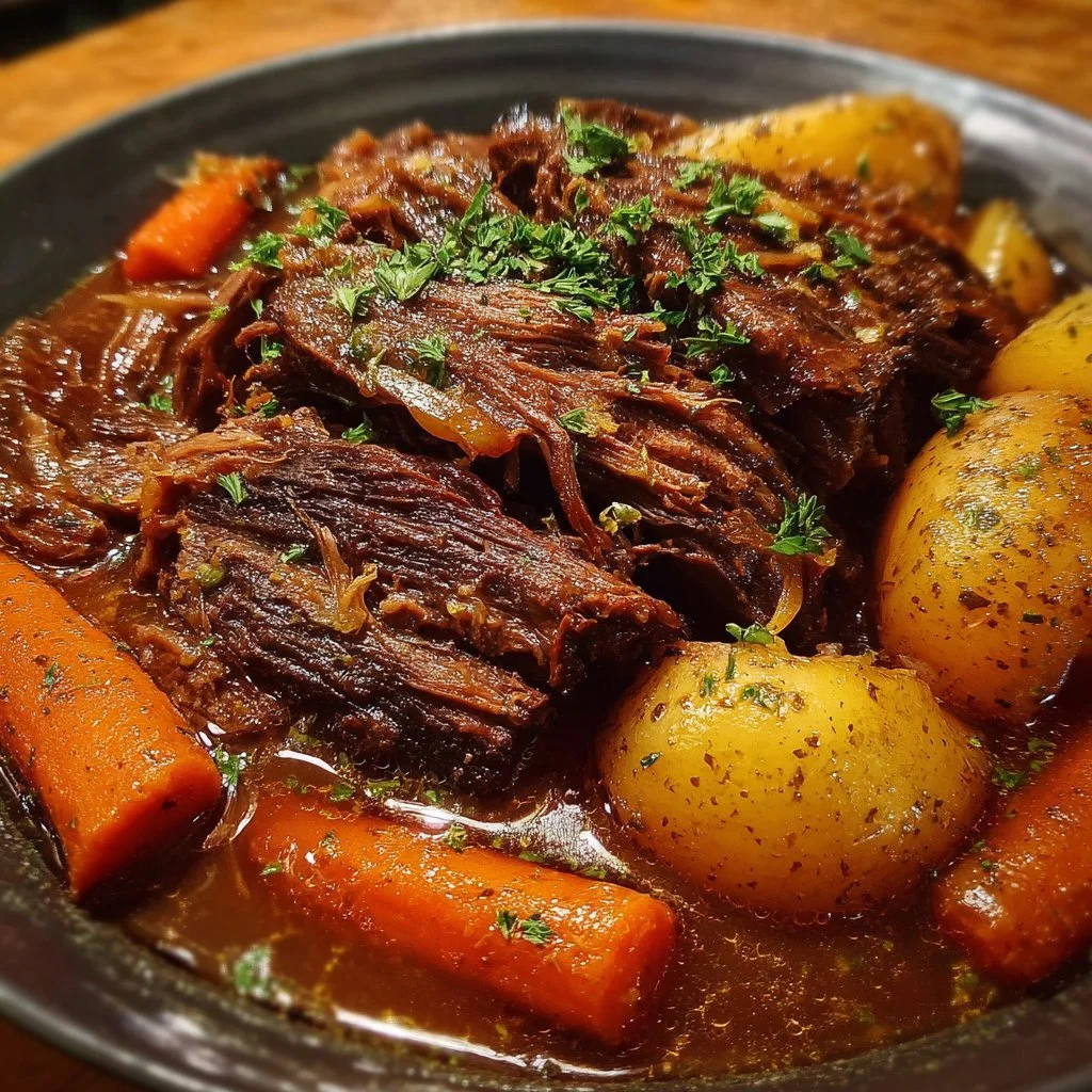 Delicious 5-star pot roast cooked in a slow cooker, served with vegetables.