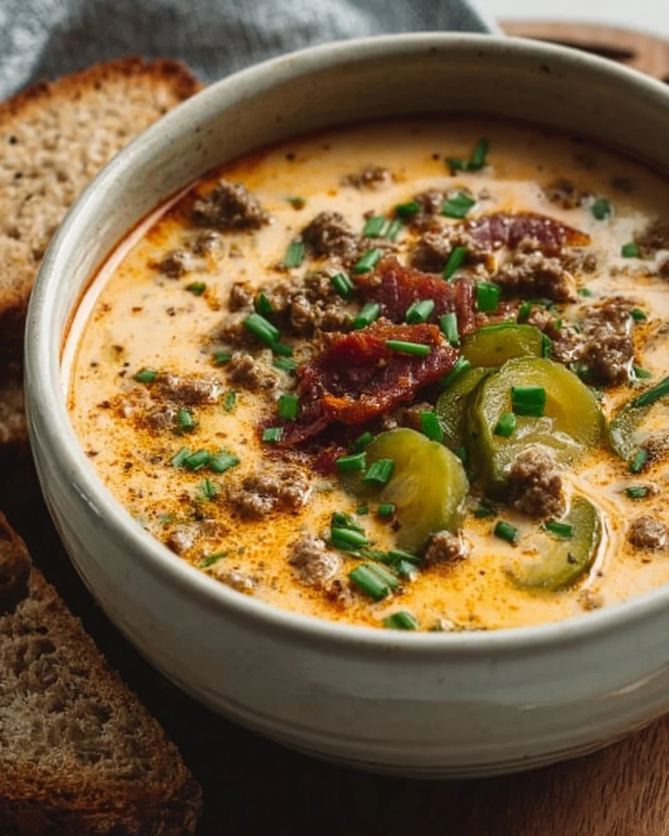 Delicious Keto Cheeseburger Soup in a bowl with toppings