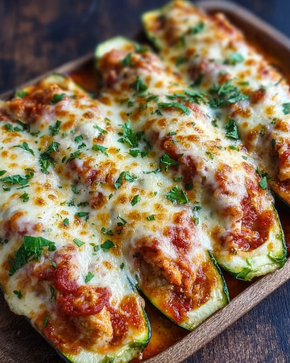 Keto Chicken Parmesan Zucchini Boats topped with melted cheese and fresh herbs