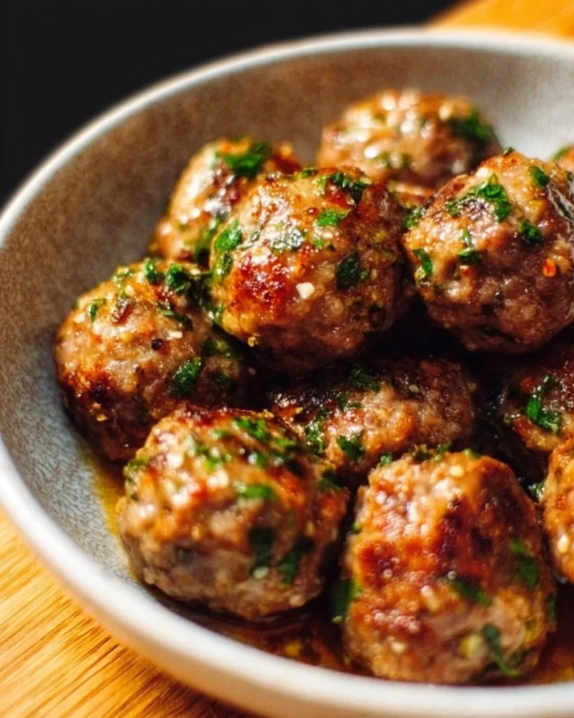 Delicious Keto Garlic Butter Meatballs on a plate, perfect for a low-carb meal.