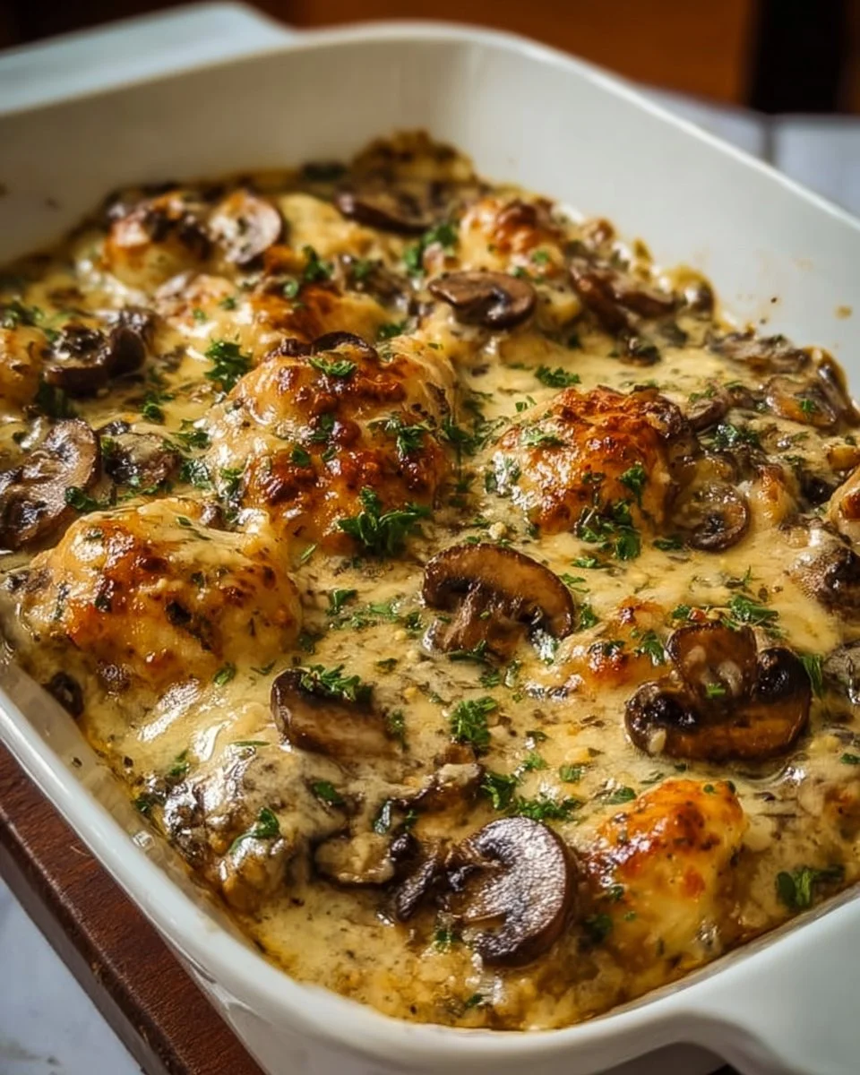 Delicious Keto Garlic Mushroom Chicken Casserole with creamy sauce and mushrooms