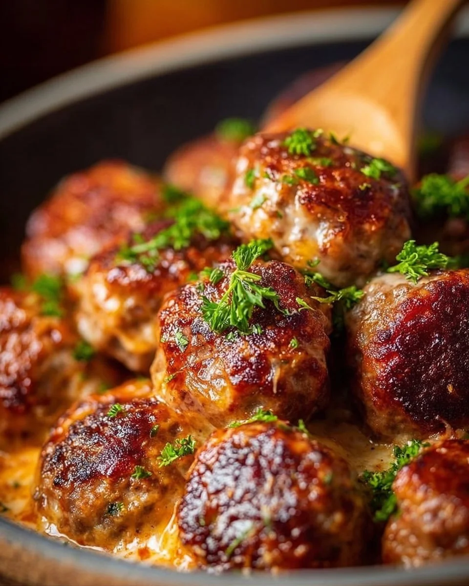 Keto Meatballs 1 Delicious keto meatballs on a plate with fresh herbs for garnish.