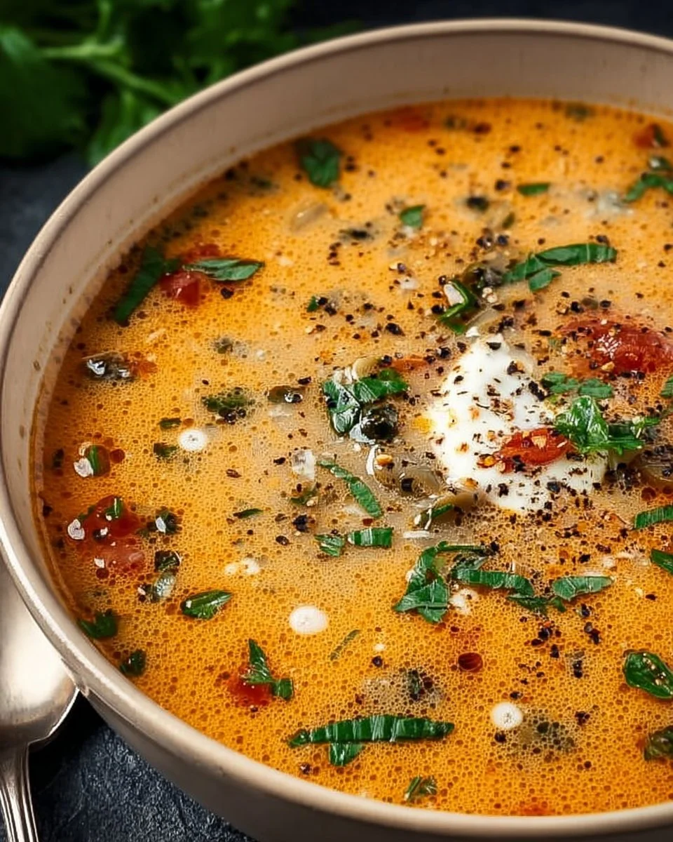 Bowl of Keto Tuscan Soup garnished with herbs and cheese