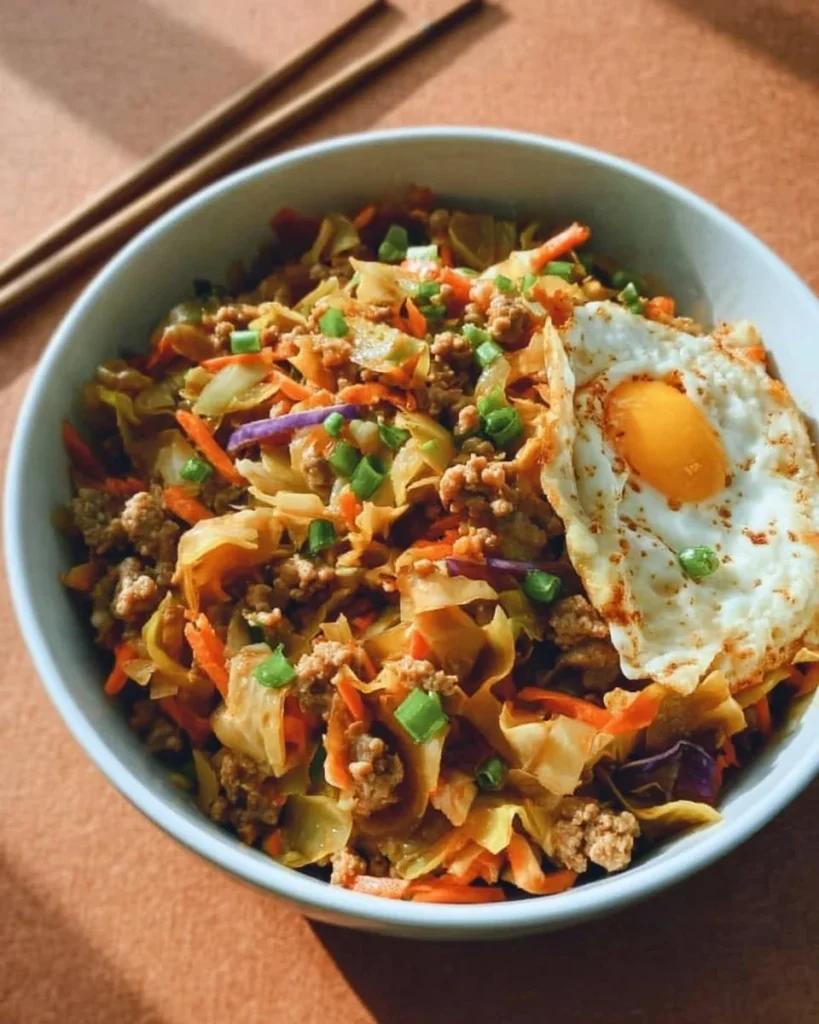 Low calorie egg roll bowl filled with fresh vegetables and savory sauce