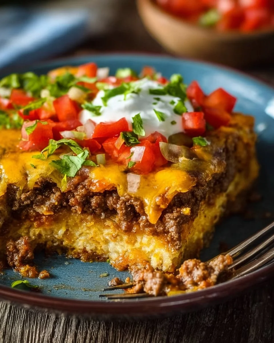 Low carb keto taco casserole with cheese and toppings in a baking dish