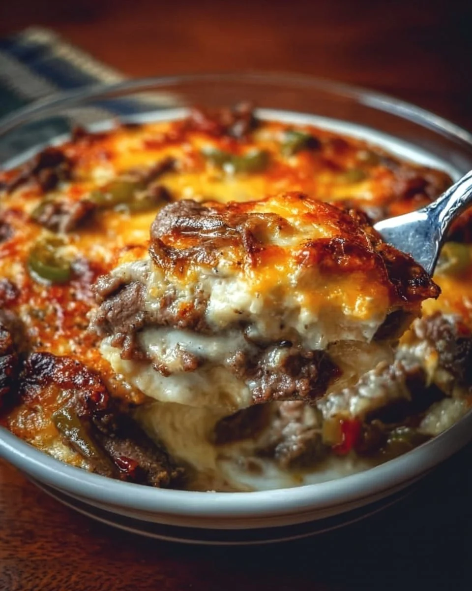 Low Carb Philly Cheesesteak Casserole 1 Low carb Philly cheesesteak casserole topped with melted cheese and bell peppers