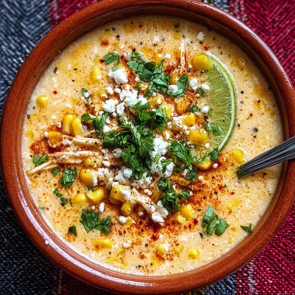 Bowl of delicious Mexican street corn soup topped with cilantro and lime.