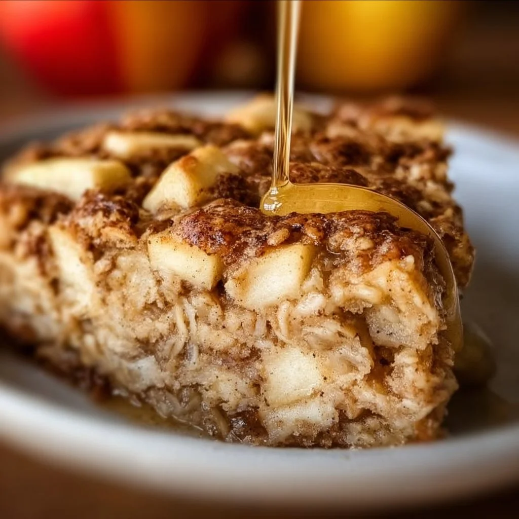Delicious oatmeal apple breakfast bake topped with cinnamon and fresh apples.