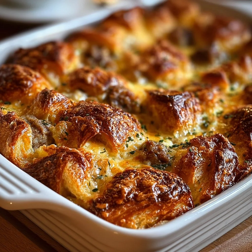 Delicious Overnight Croissant Breakfast Casserole ready to serve.