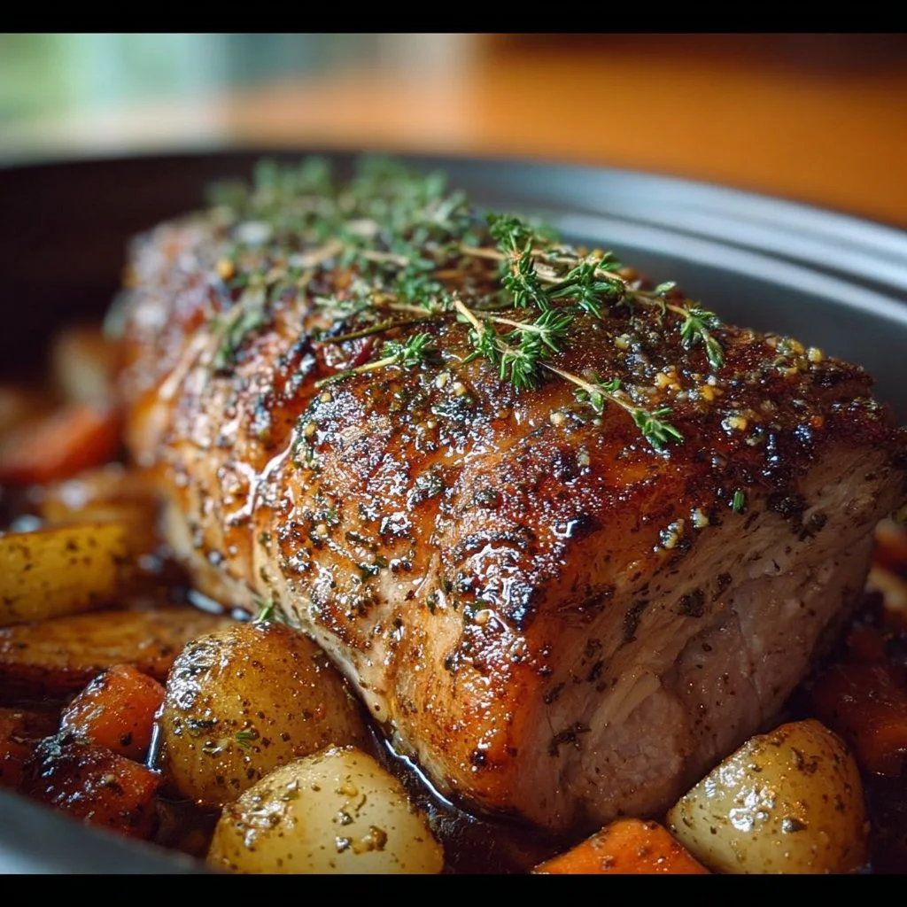 Slow-cooked pork loin in a crock pot with herbs and vegetables