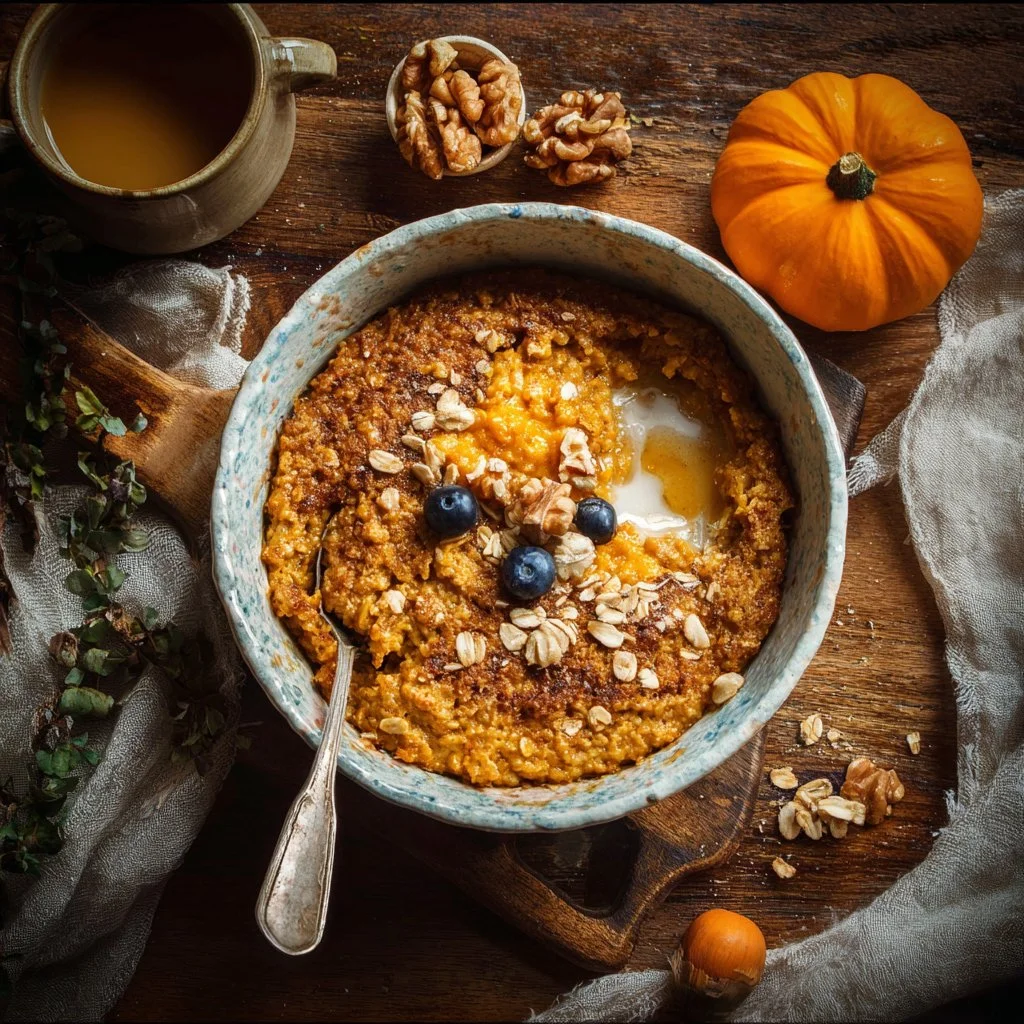 Delicious Pumpkin Baked Oatmeal topped with nuts and spices