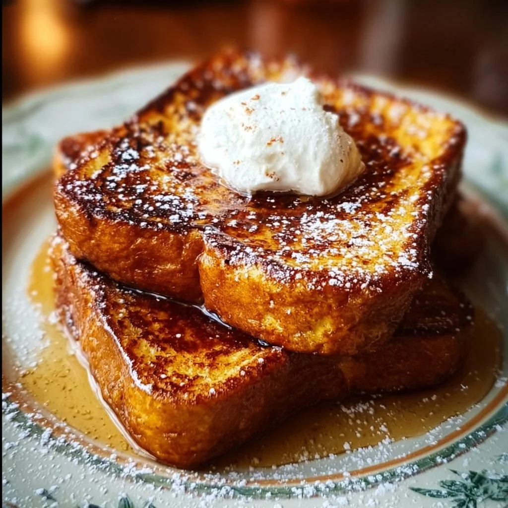 Delicious Pumpkin French Toast topped with maple syrup and whipped cream.