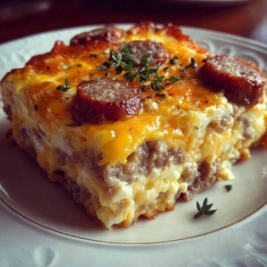 Delicious homemade Sausage and Egg Casserole served in a baking dish.