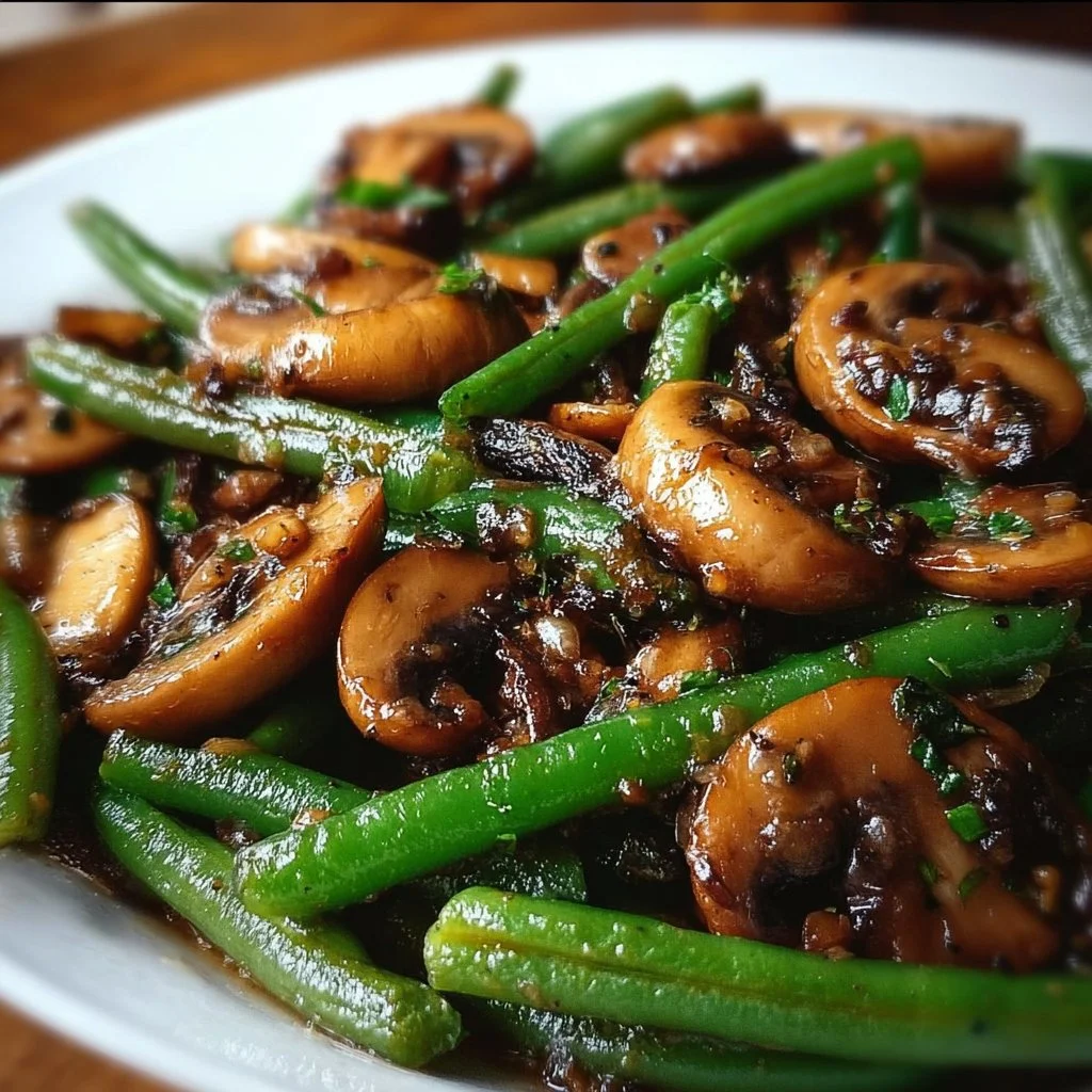 Sautéed Mushrooms and Green Beans 1 Sautéed mushrooms and green beans in a skillet, showcasing vibrant colors and textures