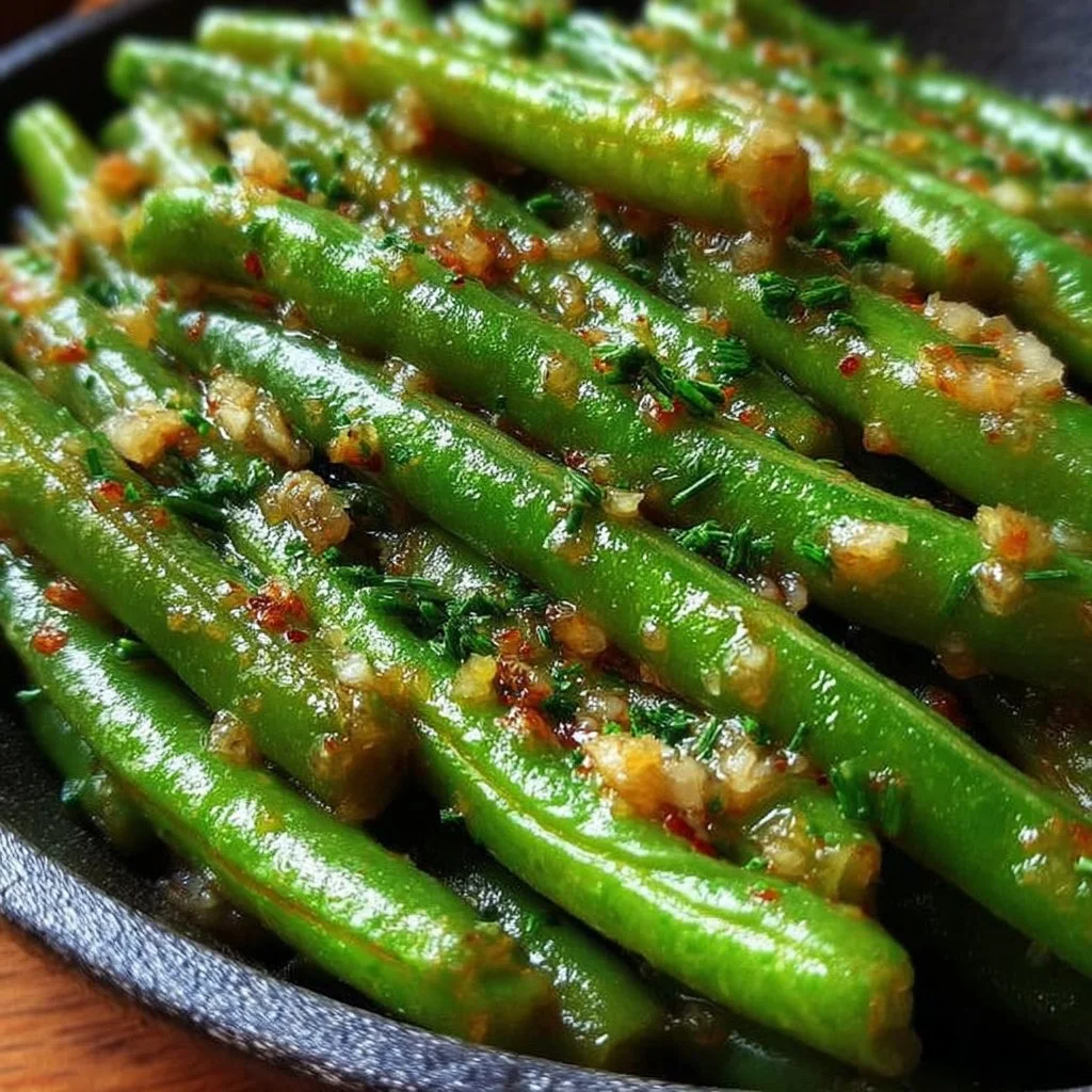 Savory garlic butter green beans in a serving dish