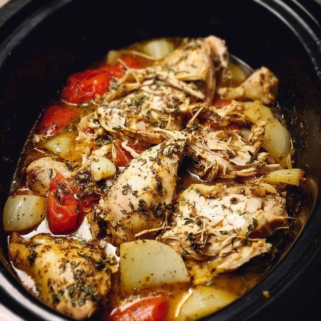 Slow Cooker Greek Chicken 1 Slow Cooker Greek Chicken with herbs and vegetables served in a bowl