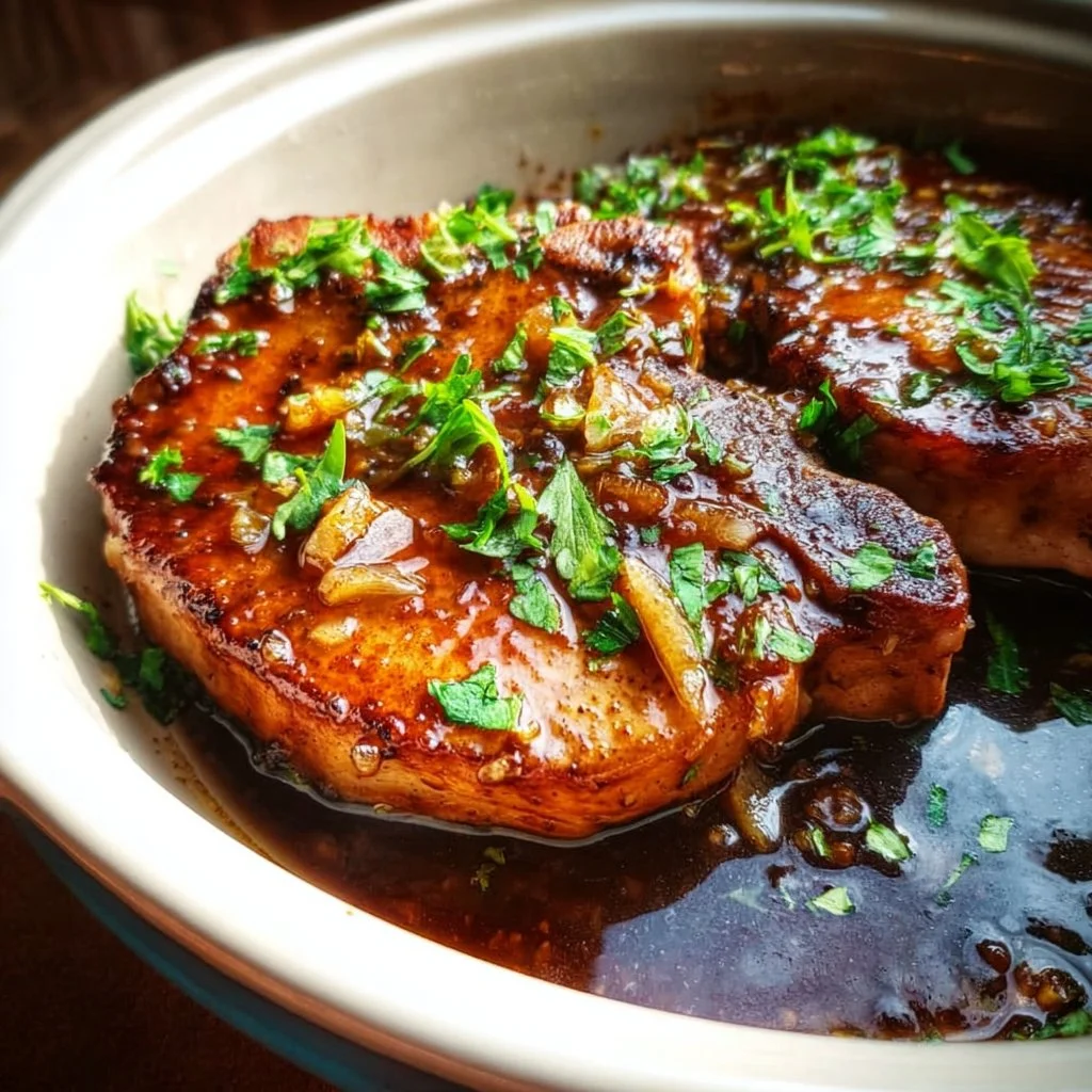 Slow cooker honey garlic pork chops served on a plate with herbs