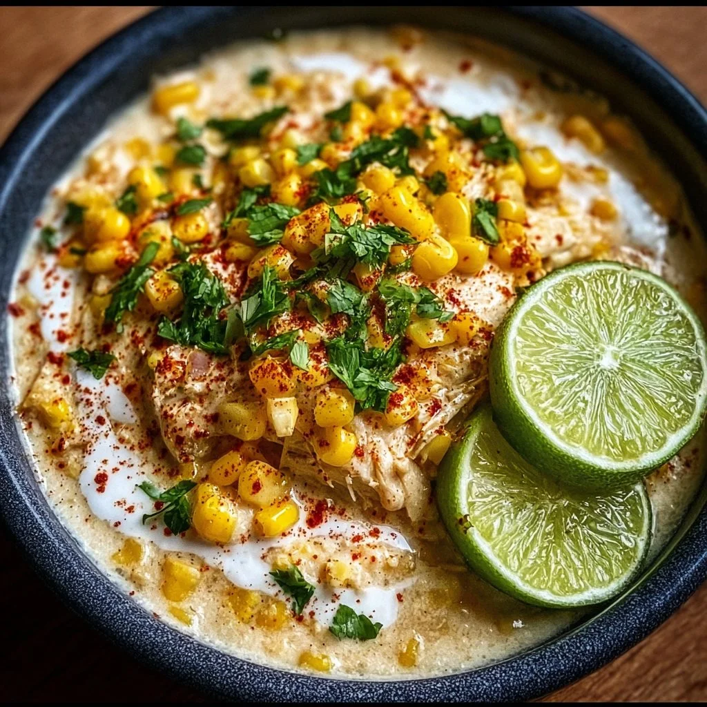 Creamy slow cooker chicken with street corn, served in a bowl.