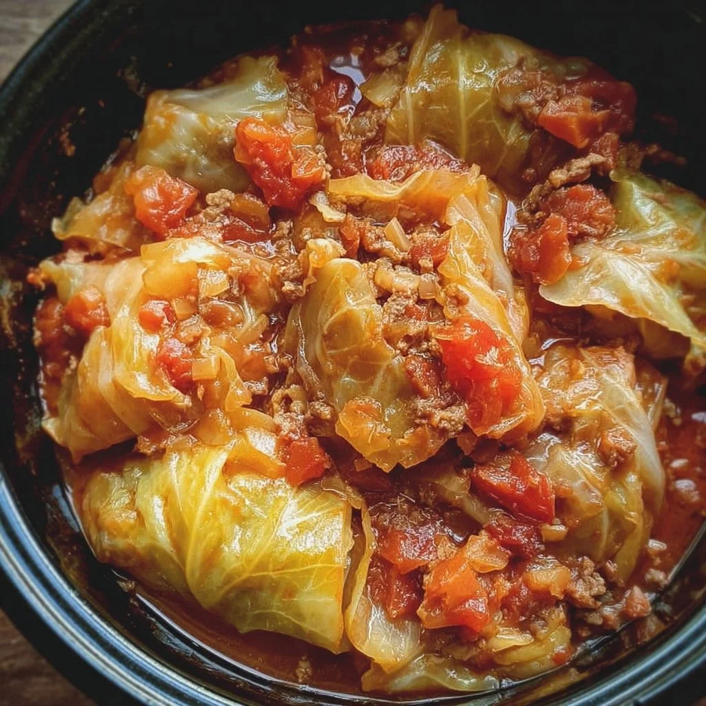 Slow Cooker Unstuffed Cabbage Rolls served in a bowl with sauce.