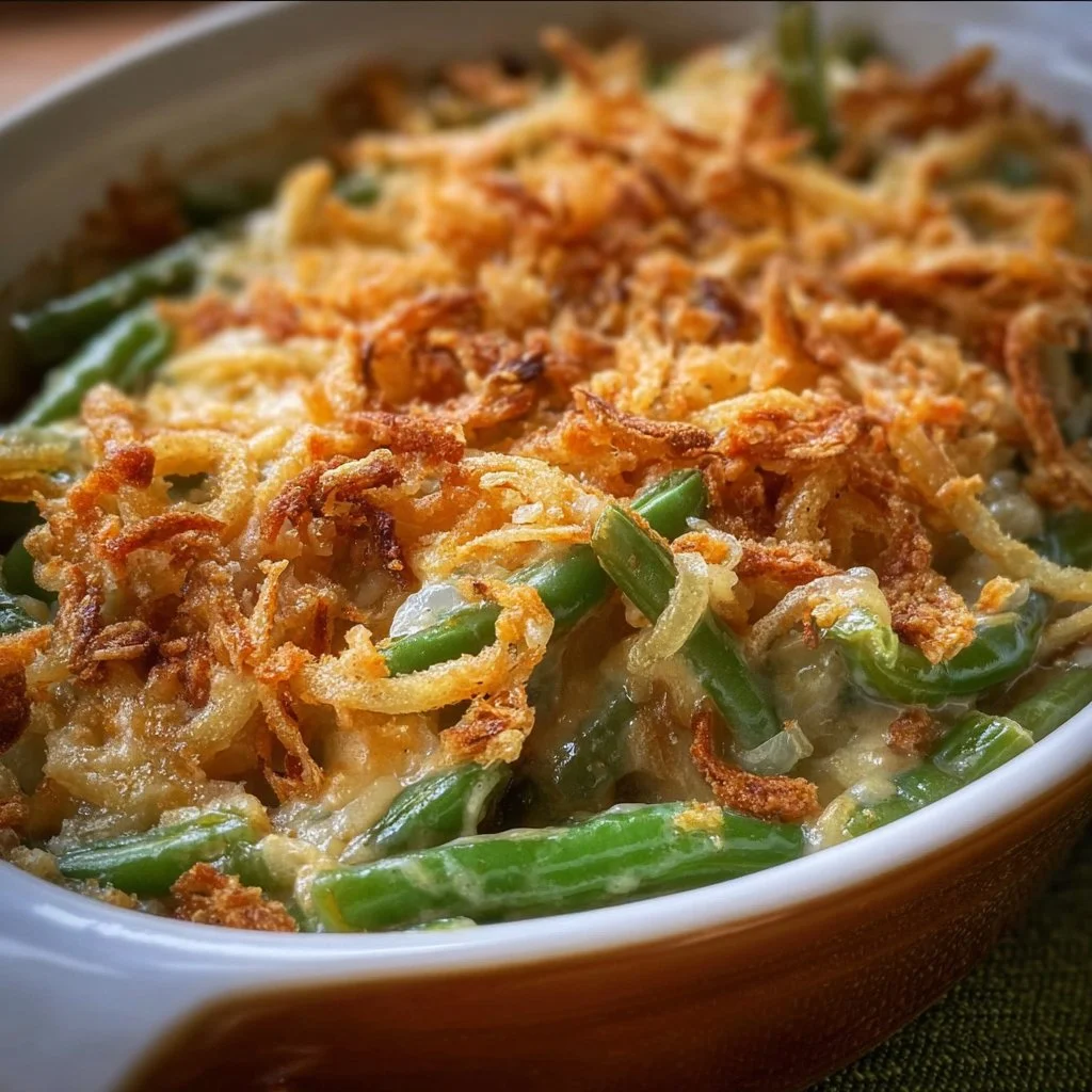 Southern-Style Green Bean Casserole with crispy onion topping