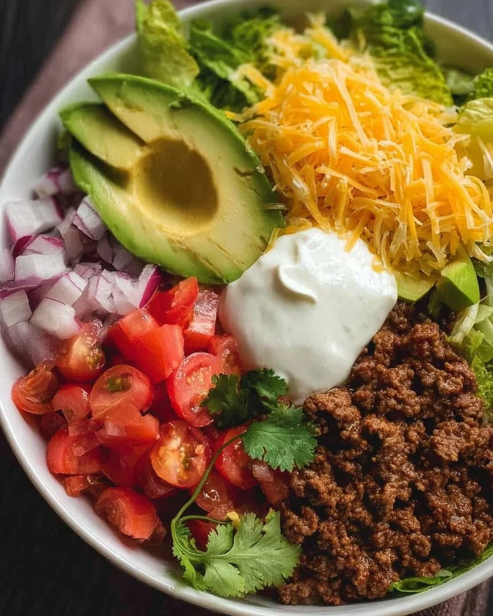 A colorful and healthy Taco Keto Bowl loaded with fresh ingredients.