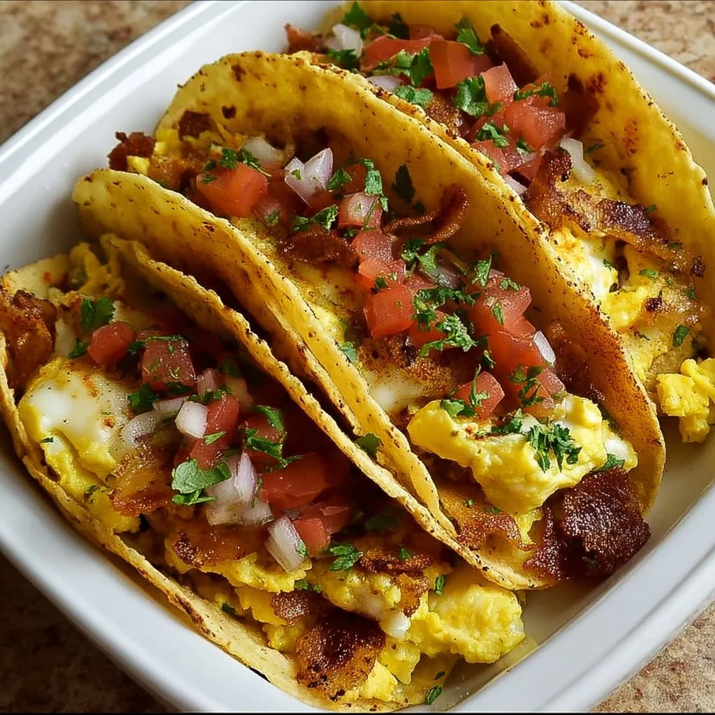 Plate of delicious baked breakfast tacos with eggs, cheese, and toppings