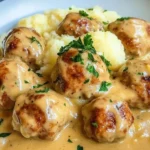 Hackbällchen in cremiger Sauce mit Kartoffelpüree auf einem Teller