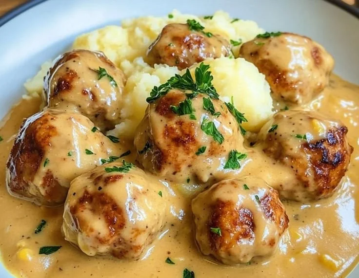 Hackbällchen in cremiger Sauce mit Kartoffelpüree auf einem Teller