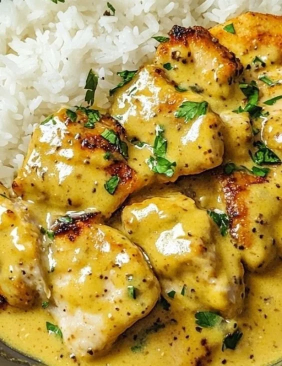 Hähnchen in Honig-Senf-Sauce serviert mit Beilagen auf einem Teller